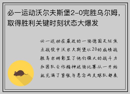 必一运动沃尔夫斯堡2-0完胜乌尔姆，取得胜利关键时刻状态大爆发